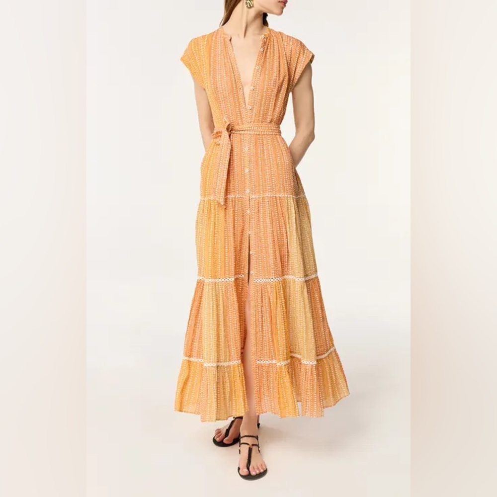 Poupette St Barth Kora Stripe Tie Waist Tiered Maxi Dress - Medium 100% Cotton